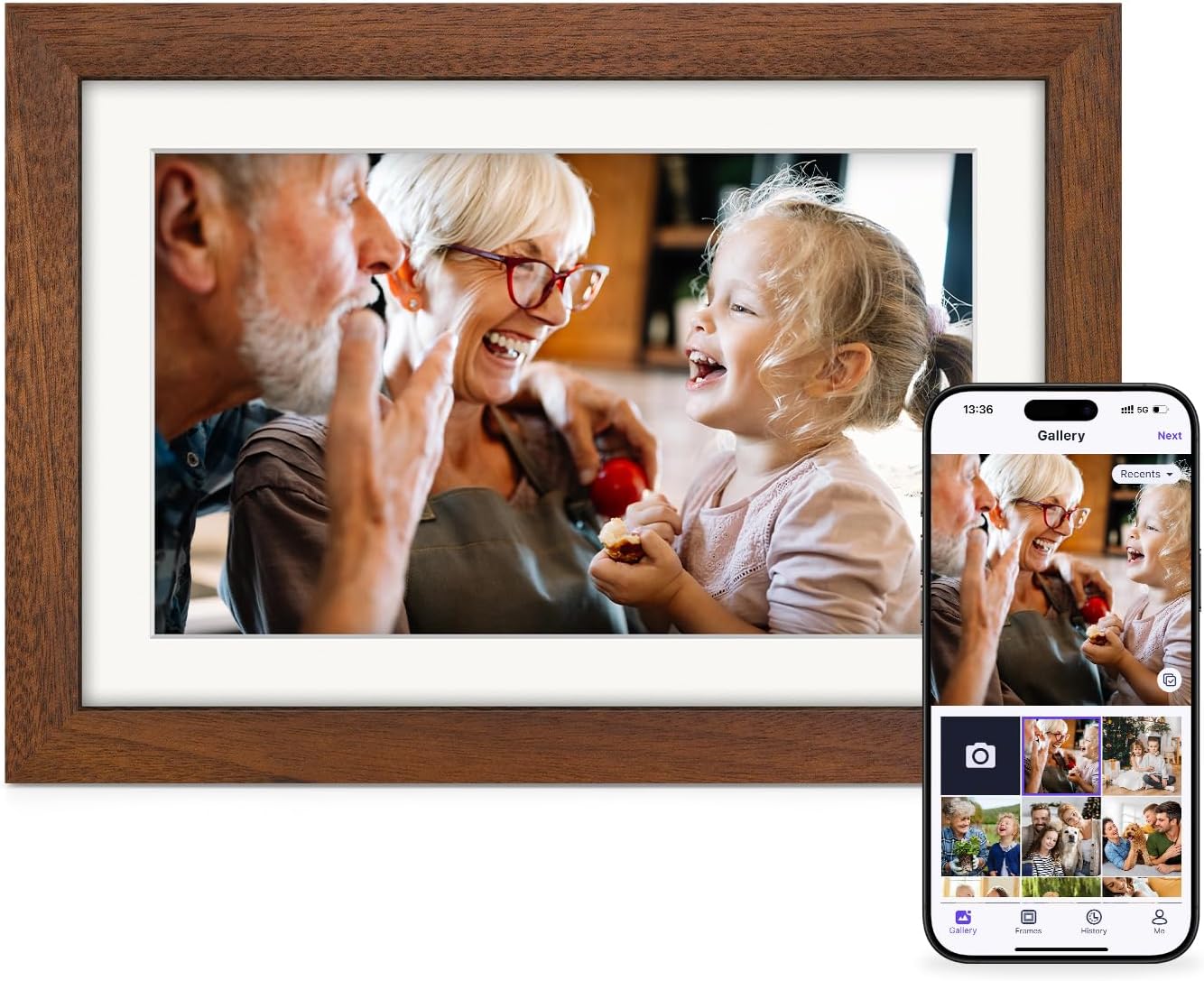 Cadre Photo Numérique WiFi Noyer Bois, Mémoire 32 Go, Écran Tactile HD, Partage de Photos Vidéos , Rotation Automatique
