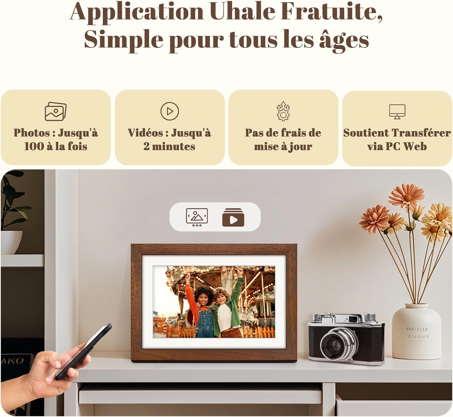 Vue 2 de Cadre photo numérique WiFi 10,1" noyer + 5 photos animées offertes