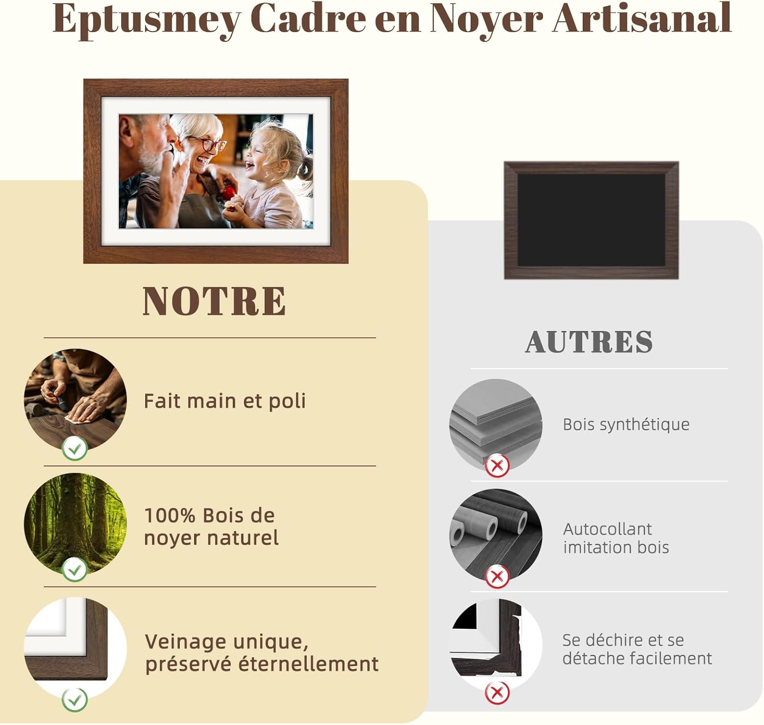 Vue 3 de Cadre photo numérique WiFi 10,1" noyer + 5 photos animées offertes
