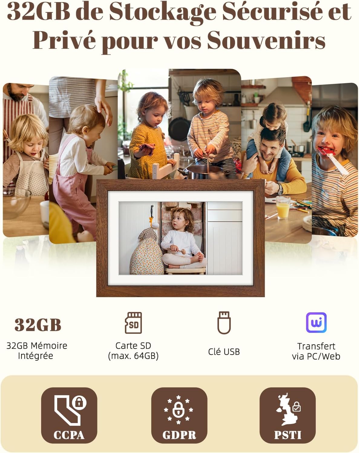 Vue 4 de Cadre photo numérique WiFi 10,1" noyer + 5 photos animées offertes